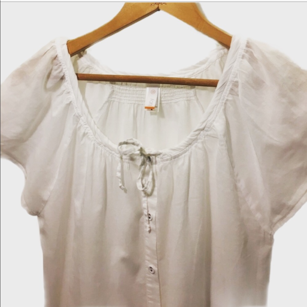 LUCY Button Up Semi Sheer Blouse Drawstring Neck M